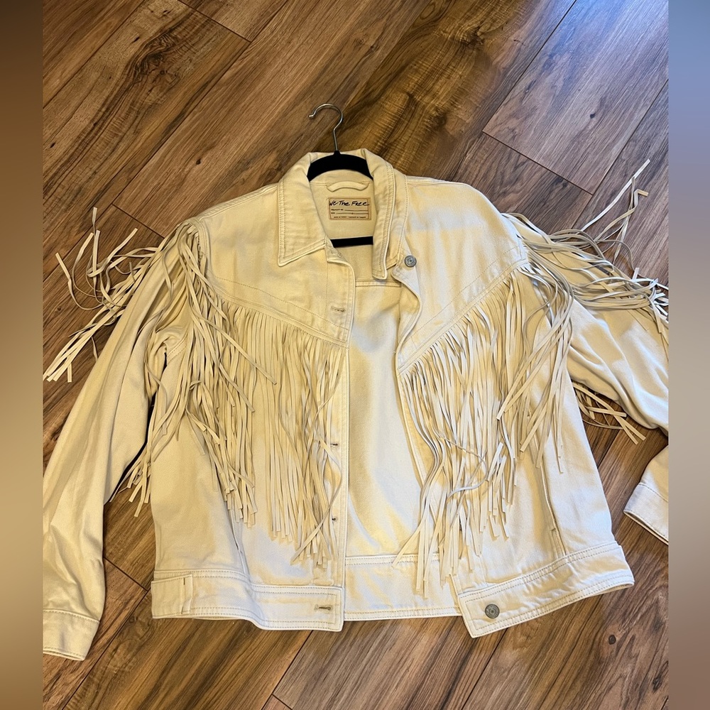 Free people white fringe denim jacket- NWOT